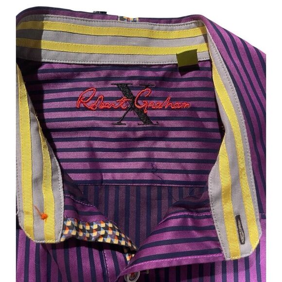 Men’s Robert Graham Purple Navy Striped Contrasting Cuff Long Sleeve Shirt Size - Picture 11 of 12
